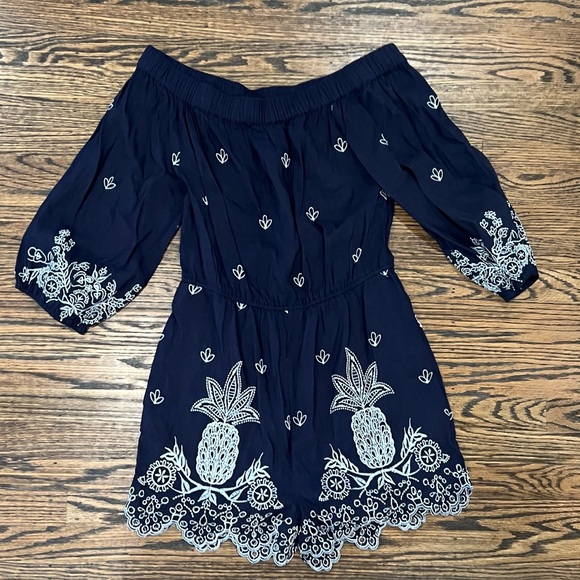 Farm Rio Embroidered Linen Romper Pineapple Anthropologie Jackie Navy Size S NEW - Picture 5 of 5